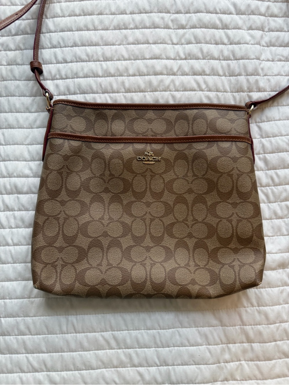 Coach Signature Canvas Crossbody in Brown with Tan Trim